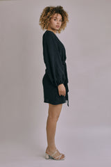 Volume Sleeve Leaf Jacquard Dress