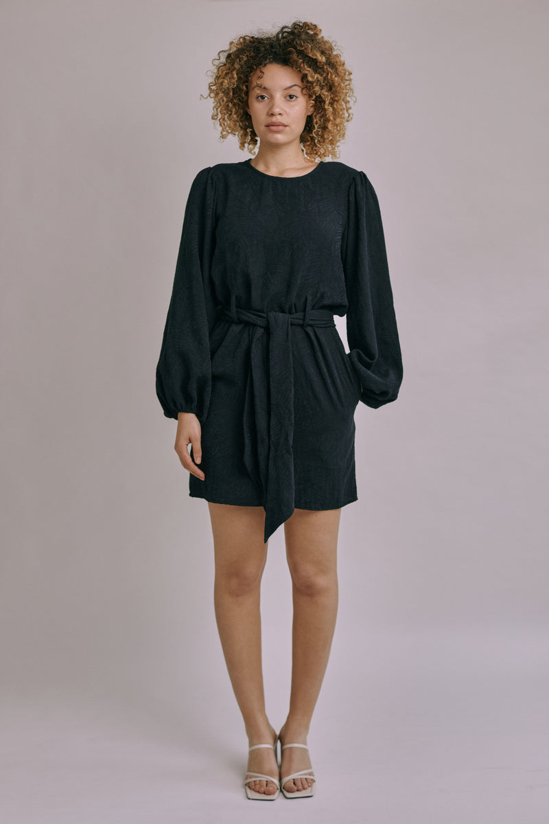 Volume Sleeve Leaf Jacquard Dress